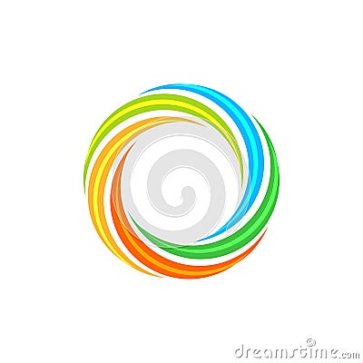 Isolated abstract colorful circular sun logo. Round shape rainbow logotype. Swirl, tornado and hurricane icon. Spining Vector Illustration