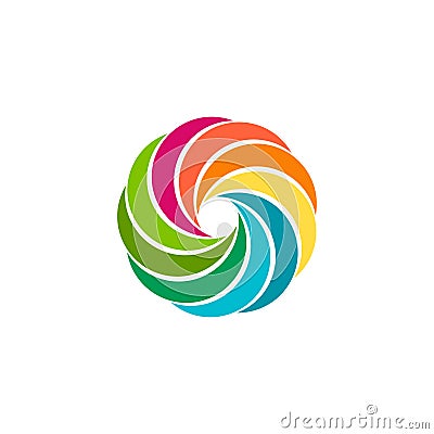 Isolated abstract colorful circular sun logo. Round shape rainbow logotype. Swirl, tornado and hurricane icon. Spining Vector Illustration