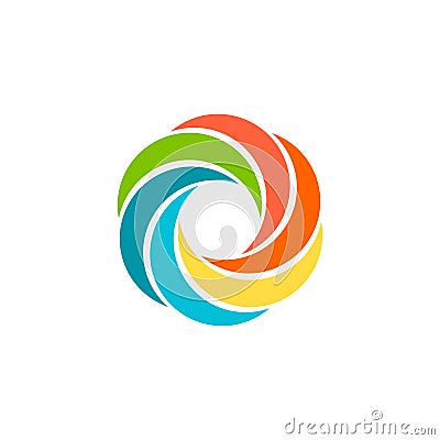 Isolated abstract colorful circular sun logo. Round shape rainbow logotype. Swirl, tornado and hurricane icon. Spining Vector Illustration