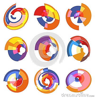 Isolated abstract colorful pie chart logos set, round shape diagram logotypes collection, infographic element vector Vector Illustration