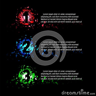 Isolated abstract colorful round shape 1,2,3 numbers of broken pieces of glass with text on black background, menu items Vector Illustration