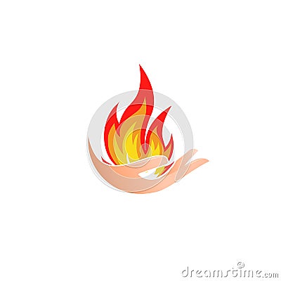 Isolated abstract fire logo. Flame in hand logotype. Hot palm icon. Heat sign. Flammable symbol. Vector illustration. Vector Illustration