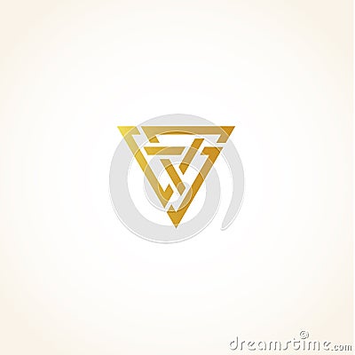 Isolated abstract golden color triangles contour logo on black background, geometric triangular shape logotype, gold Vector Illustration
