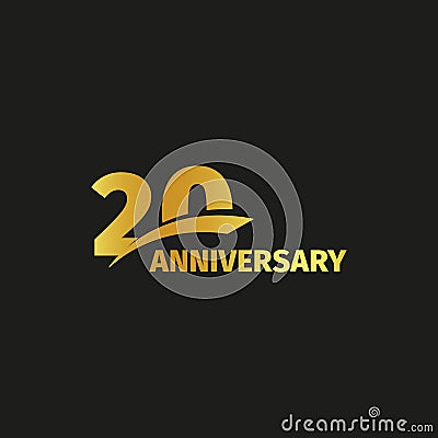 Isolated abstract golden 20th anniversary logo on black background. 20 number logotype. Twenty years jubilee celebration Vector Illustration