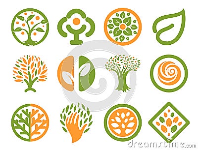 Isolated abstract green, orange color natural logo set. Nature logotypes collection. Environmental icons. Park emblem Vector Illustration