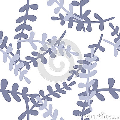 Isolated abstract nature seamless pattern with blue random tropic branches shapes. White background Vector Illustration