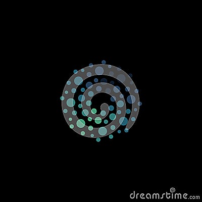 Isolated abstract round shape blue color logo, dotted logotype, water element vector illustration on black background Vector Illustration