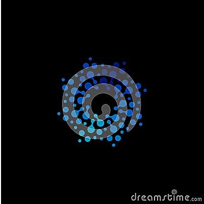 Isolated abstract round shape blue color logo, dotted logotype, water element vector illustration on black background Vector Illustration