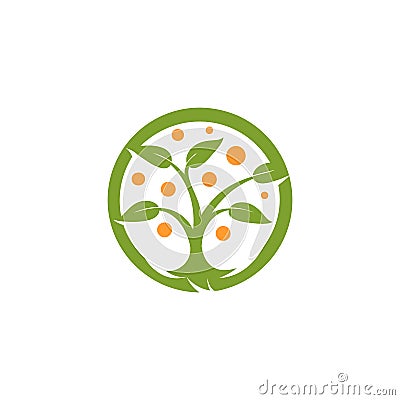 Isolated abstract round shape green, orange color tree logo. Natural element logotype. Leaves and trunk icon. Park or Vector Illustration