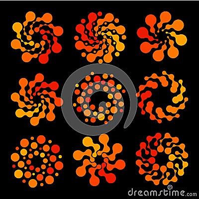 Isolated abstract round shape orange color swirl logo set, dotted stylized sun logotype collection on black background Vector Illustration