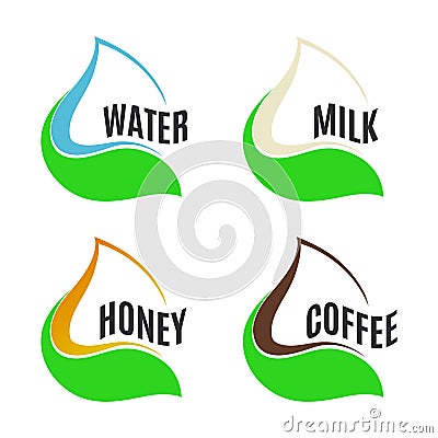 Isolated abstract water,milk,honey,coffee drops in green fresh leaf logo set. Natural products logotype collection Vector Illustration