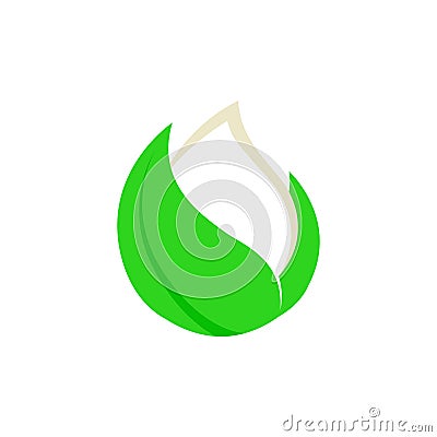 Isolated abstract white drop of milk in green fresh leaf logo. Dairy products logotype. Sour cream or kefir icon Vector Illustration