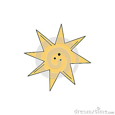 Isolated abstract yellow eight pointed star on white background. Space object. Flat cartoon style. Sticker, print on a T Vector Illustration