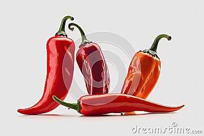 Isolated against a white background, three fiery red chili peppers Stock Photo