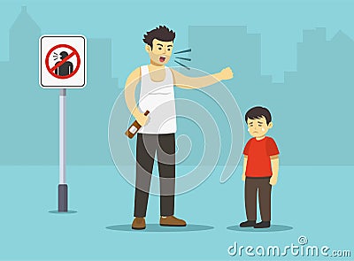 Isolated angry drunk male character yelling at his kid beside `no yelling` sign.Sad boy crying after his dad shouting at him. Vector Illustration