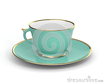 Isolated antique porcelain cup with gold on white background. 3D Illustration. Stock Photo