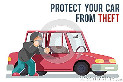 Isolated automobile car protection steal burglar robber thief danger man robbery purse character flat design vector Vector Illustration