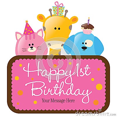 Isolated baby animals with first birthday sign Vector Illustration