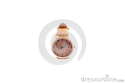 Isolated background businesswoman wooden watch on white backdrop Stock Photo