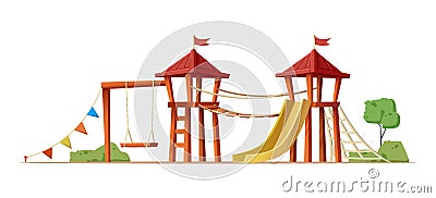 Isolated on background. Cartoon style kids outside playground with slides, swings and castle. Vector Illustration