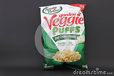 Bag of Sensible Portions Veggie Puffs isolated against dark background. Editorial Stock Photo