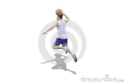 Isolated Basketball in hand man jumping on a white background with clipping path Stock Photo