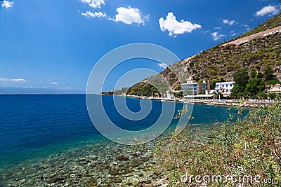 Isolated bay in aegean cliffs. Loutraki, Greece. Stock Photo