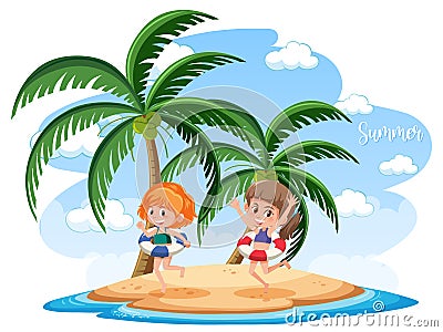 Isolated beach island with two girls wearing swimwears Vector Illustration