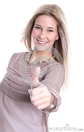 Isolated beautiful blond young woman with thumbs up Stock Photo