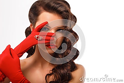 Isolated Beauty Fashion Glamorous Model Girl Portrait. Vintage Style Mysterious Woman Wearing Red Glamour Gloves. Stock Photo