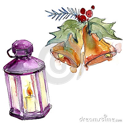 Isolated bell, candle, illustration elements. Christmas winter holiday symbol in a watercolor style isolated. Cartoon Illustration