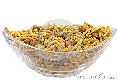 Isolated besan lehsuniya,south indian namkeen in bowl Stock Photo