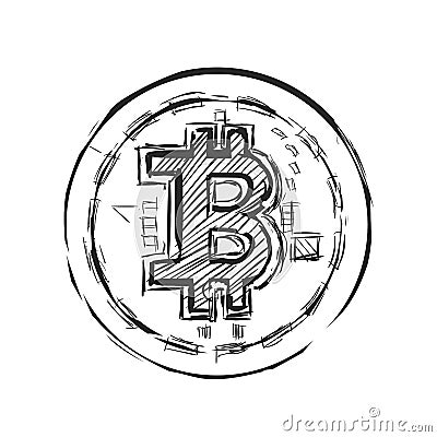 Isolated Bitcoin sketch. Physical bit coin. Digital currency. Cryptocurrency. Hand draw bitcoin. Cartoon Illustration