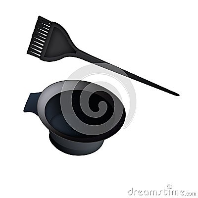 Isolated black bowl and brush for hair dye Stock Photo