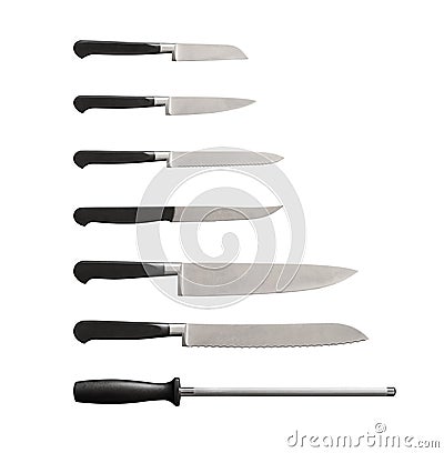 Isolated black handle knife utensil set on white background top view Stock Photo