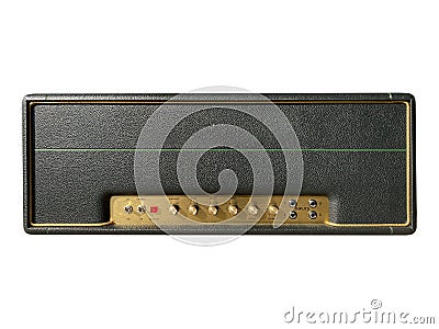 Isolated black leather and gold knob on the control panel of UK Style vintage electric guitar power amplifier for blues and rock Stock Photo