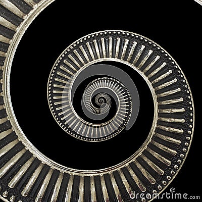 Isolated on black metal abstract spiral background pattern fractal. Metallic background, repetitive pattern. Metal spiral decorati Stock Photo