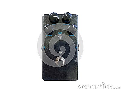 Isolated black metallic glitter distortion stompbox electric guitar effect for studio and stage performed on white background Stock Photo