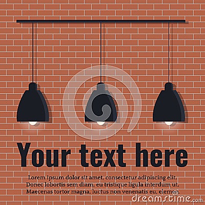 Isolated black modern scandinavian style lamp with three glowing light bulbs on red brick wall Vector Illustration