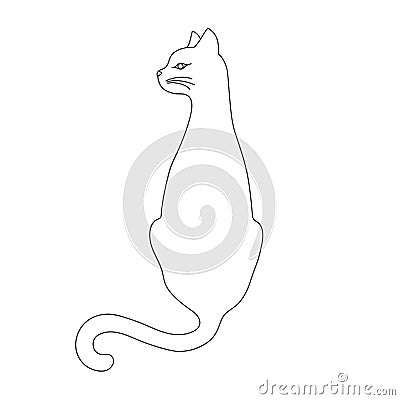 Isolated black outline back of cat with turned head on white background. Curve lines. Vector Illustration