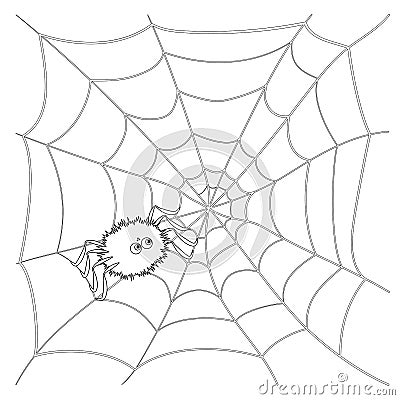 Isolated black outline cartoon spider on web on white background. Curve lines. Page of coloring book. Halloween illustration. Vector Illustration