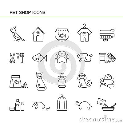 Isolated black outline collection icons of dog, cat, parrot, fish, aquarium, animal food, collar, turtle, kennel, grooming accesso Vector Illustration