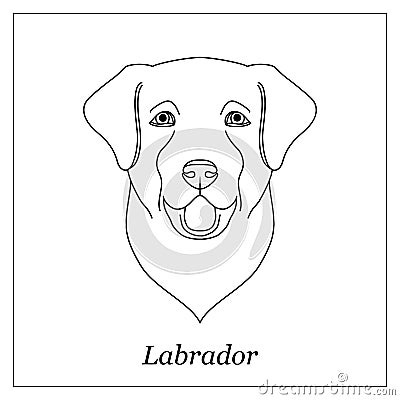 Isolated black outline head of happy labrador retriever on white background. Line cartoon breed dog portrait. Vector Illustration