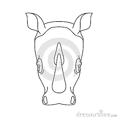 Isolated black outline head of rhinoceros, rhino on white background. Line cartoon face portrait. Vector Illustration