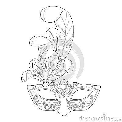 Isolated black outline monochrome ornate decorative venetian mask on white background. Ornament of curve lines. Vector Illustration