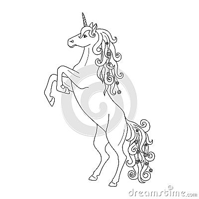 Isolated black outline rearing unicorn on white background. Side view. Curve lines. Page of coloring book. Vector Illustration
