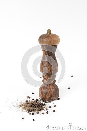 Isolated Black pepper and vintage mill on white backgound Stock Photo