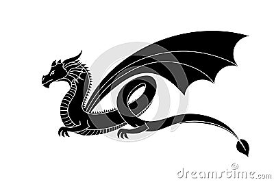 Isolated black silhouette of dragon with wings on white background. Tattoo template, icon, logo. Symbol of 2024 new year Vector Illustration