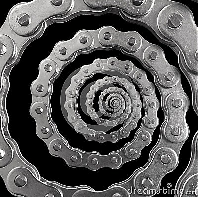 Isolated on black silver metal stainless chain twisted into spiral pattern background. Abstract chain mechanism swirl fractal. Sur Stock Photo