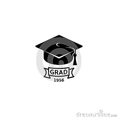 Isolated black and white color bachelor hat with word grad logo, students graduation uniform logotype, education element Vector Illustration